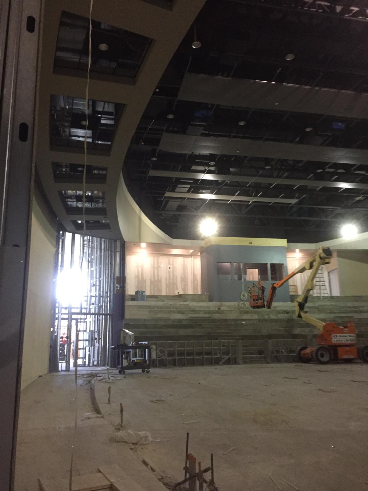 Interior construction with ceiling framing and a lift